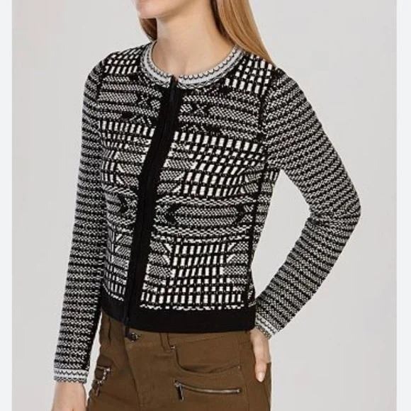 Karen Millen Vintage Black White Geometric Knit Zip Up Jacket Sweater Women Sz 4